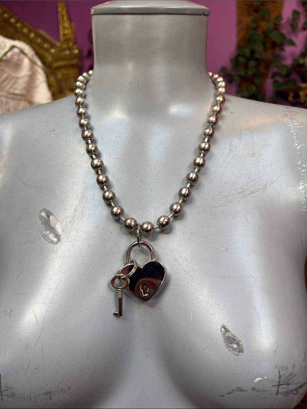 Goth silver tone ball + chain padlock heart + key necklace